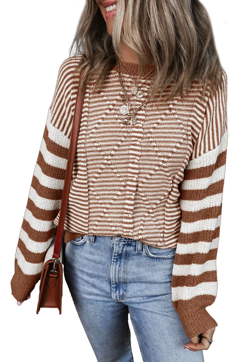 Brown Stripe Geometric Textured Drop Shoulder Sweater - Love Salve
